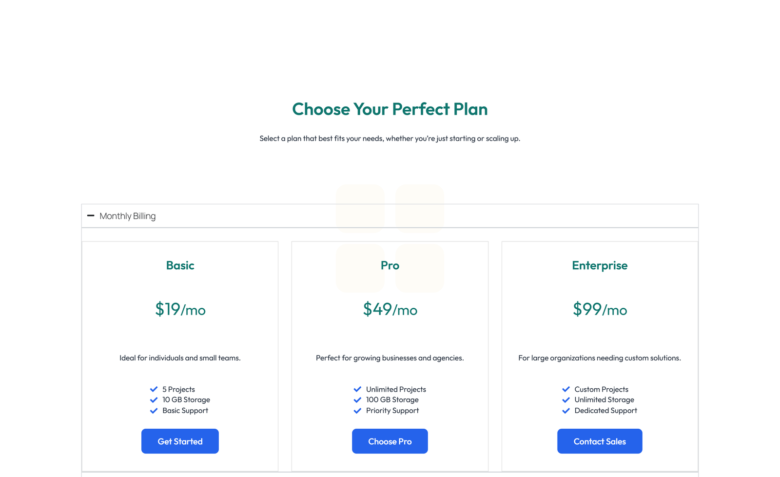Screenshot of Pricing with 2-column Price Table Comparison 19 - Elementor Pricing Sections component