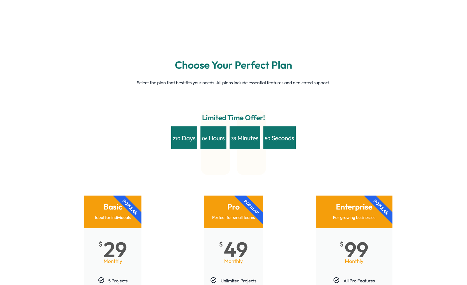 Pricing with 3-column Price Table with Ribbon 19 - Elementor component