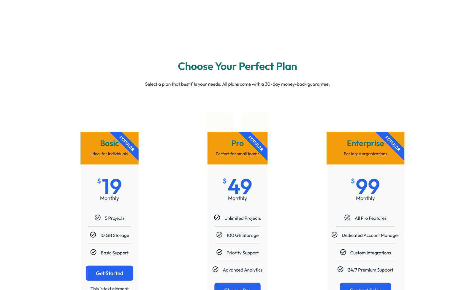 Pricing with 3-column Price Table with Ribbon 24 - Elementor component
