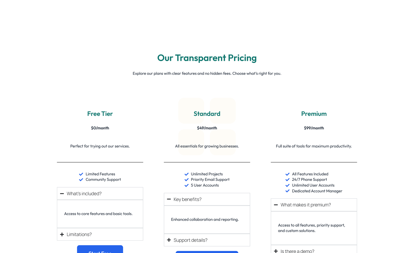 Pricing with 3-column Price Table Comparison 26 - Elementor component