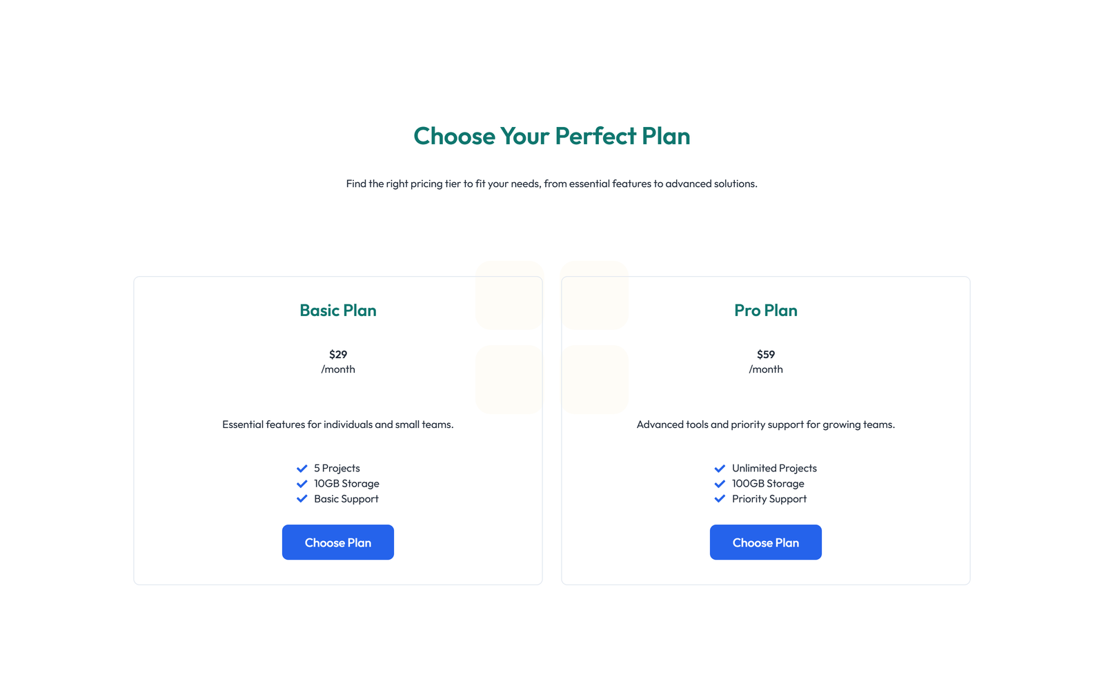 Screenshot of Pricing with 2-column Price Table Comparison 29 - Elementor Pricing Sections component