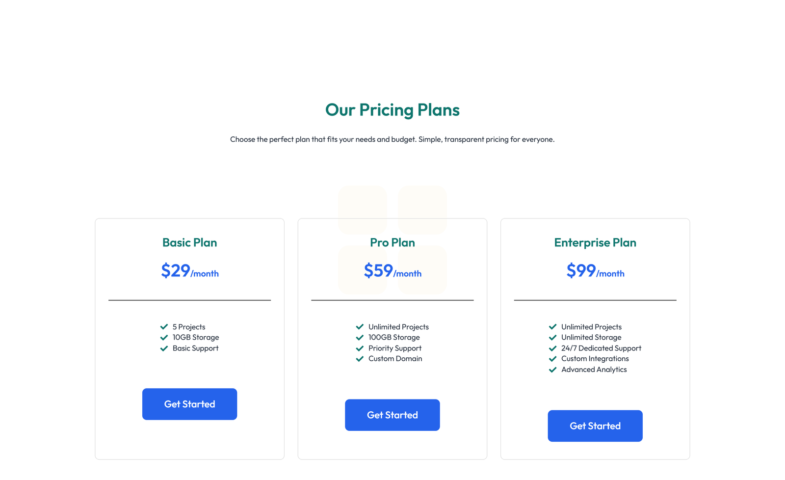 Pricing with 3-column Price Table Comparison 31 - Elementor component