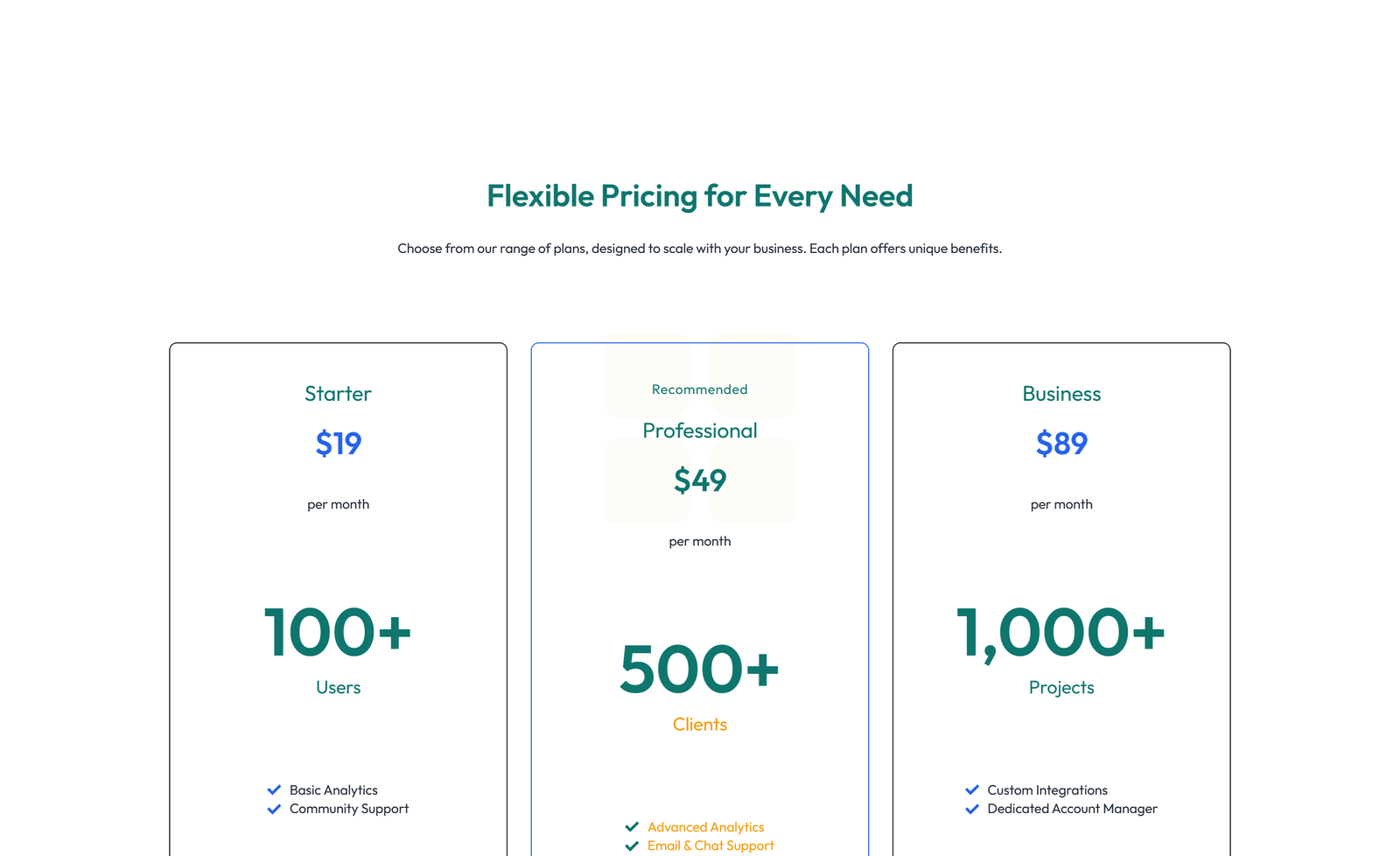 Pricing with 3-column Price Table with Ribbon 35 - Elementor component