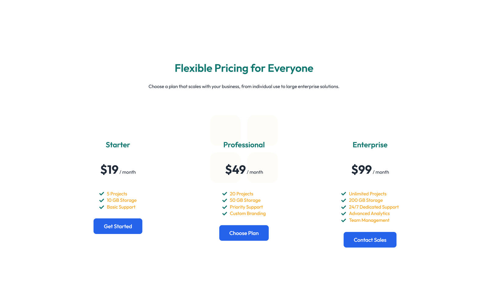 Screenshot of Pricing with 3-column Price Table with Ribbon 38 - Elementor Pricing Sections component