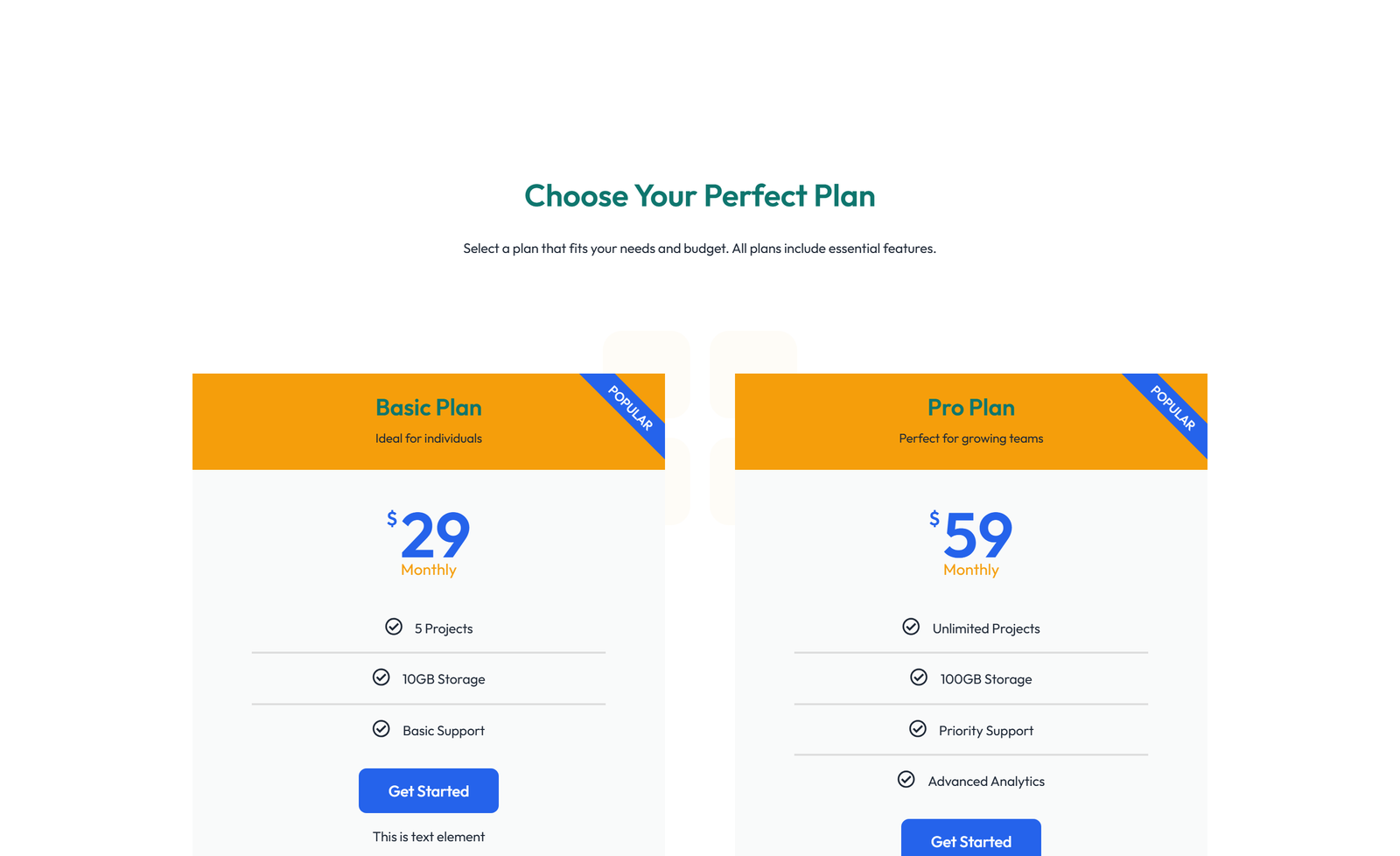 Pricing with 3-column Price Table Comparison 43 - Elementor component