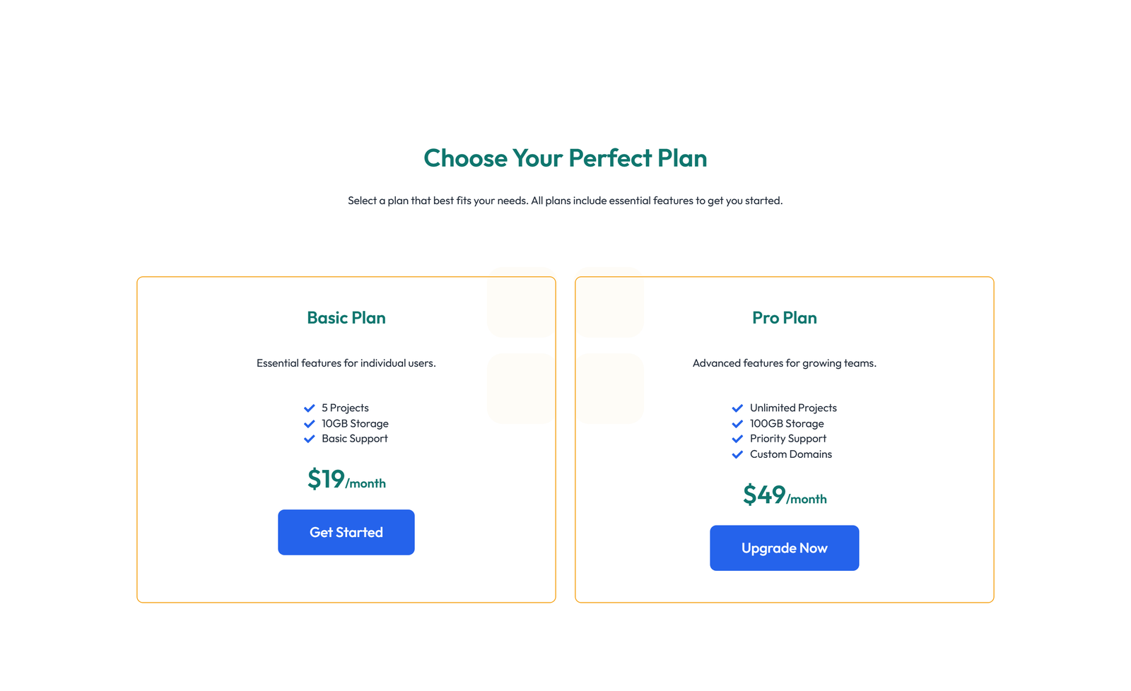 Screenshot of Pricing with 2-column Price Table Comparison 43 - Elementor Pricing Sections component