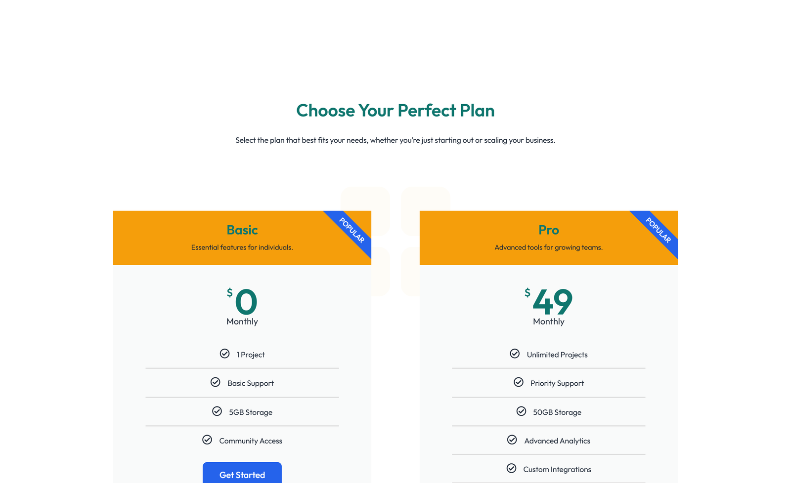Pricing with 3-column Price Table Comparison 58 - Elementor component