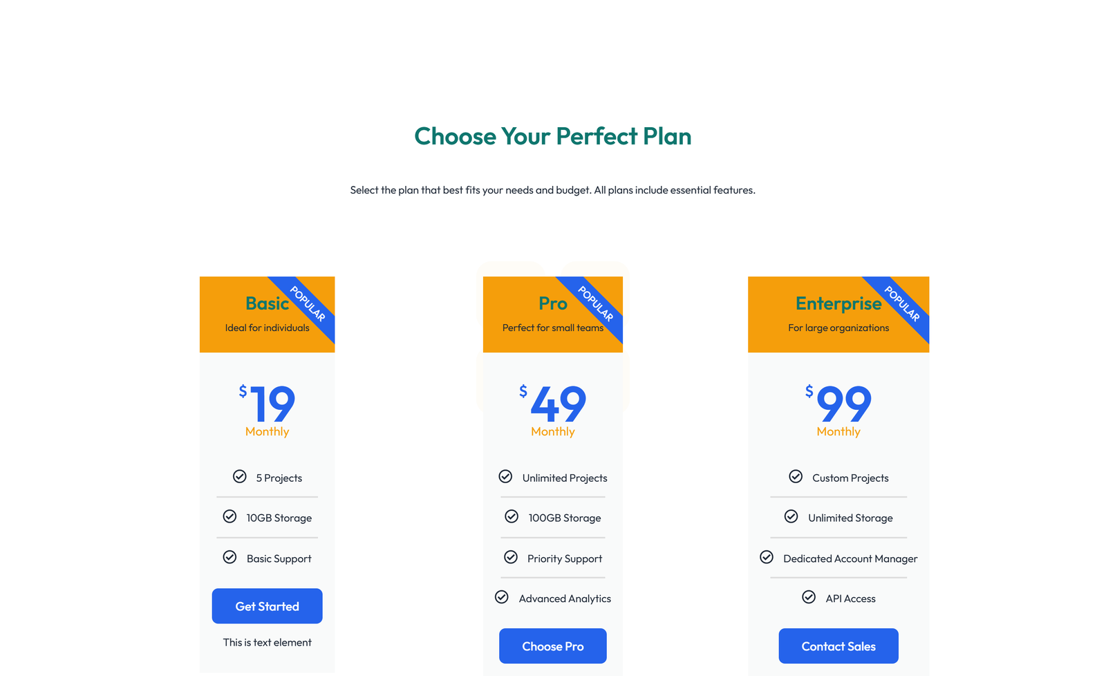 Pricing with 3-column Price Table Comparison 68 - Elementor component