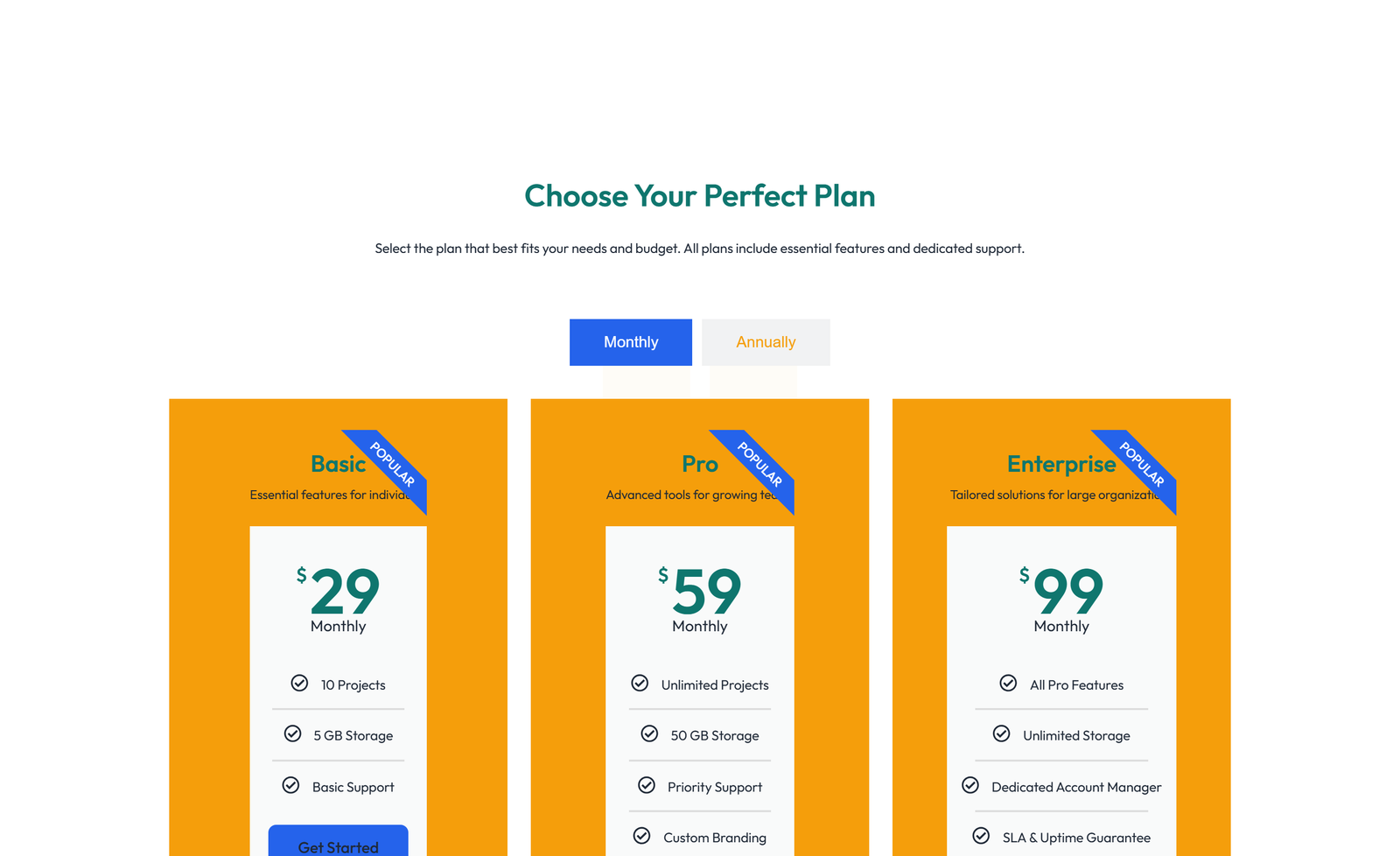 Pricing with 3-column Price Table Comparison 78 - Elementor component