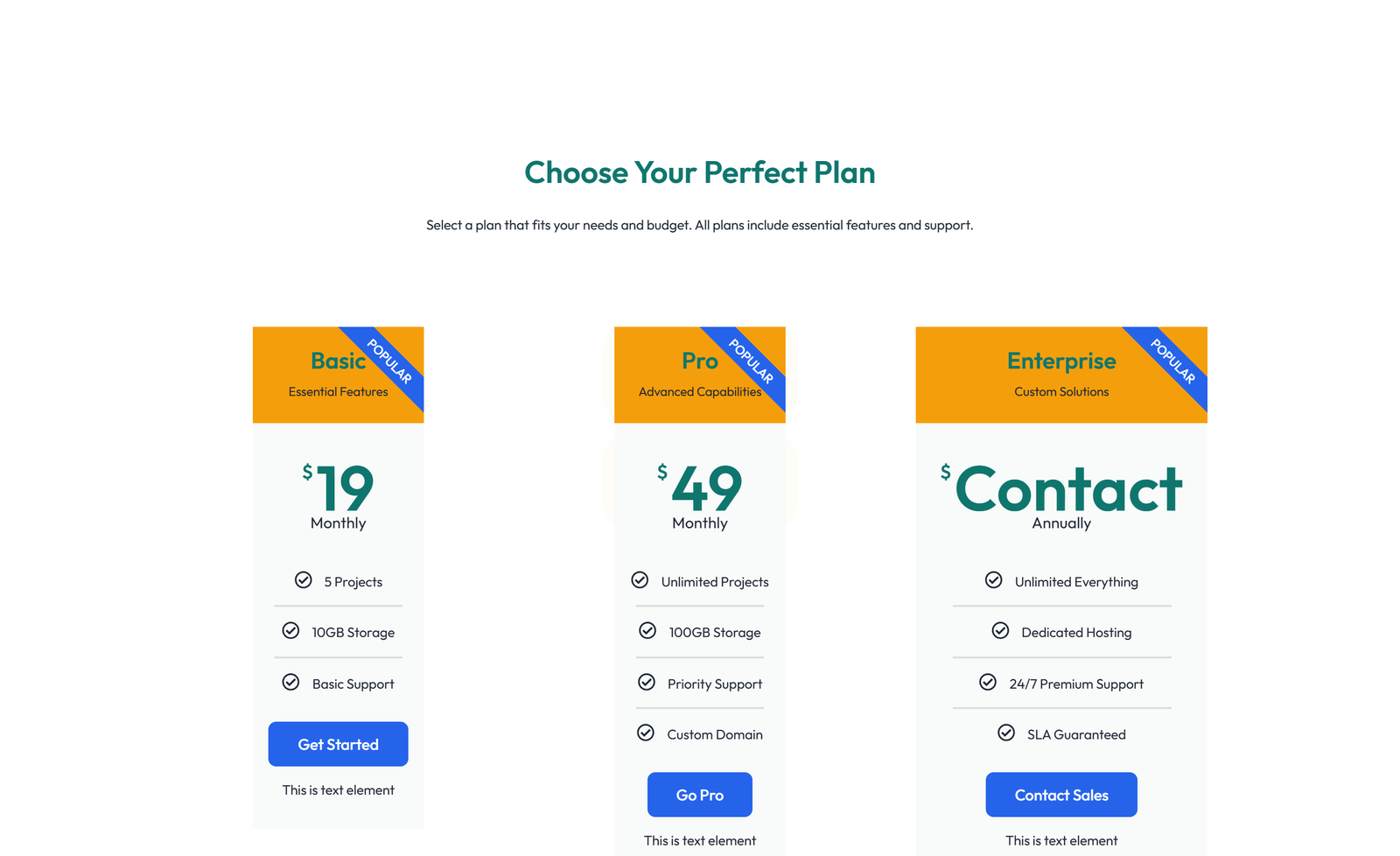 Pricing with 3-column Price Table Comparison 85 - Elementor component