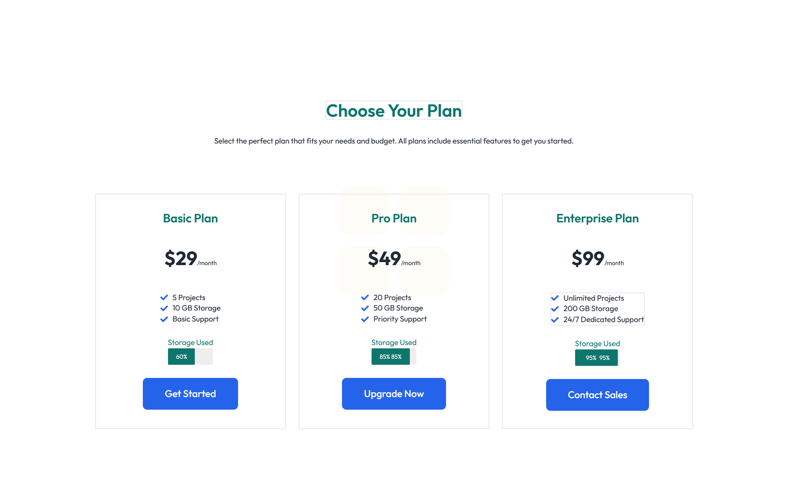 Pricing with 3-column Price Table Comparison 86 - Elementor component