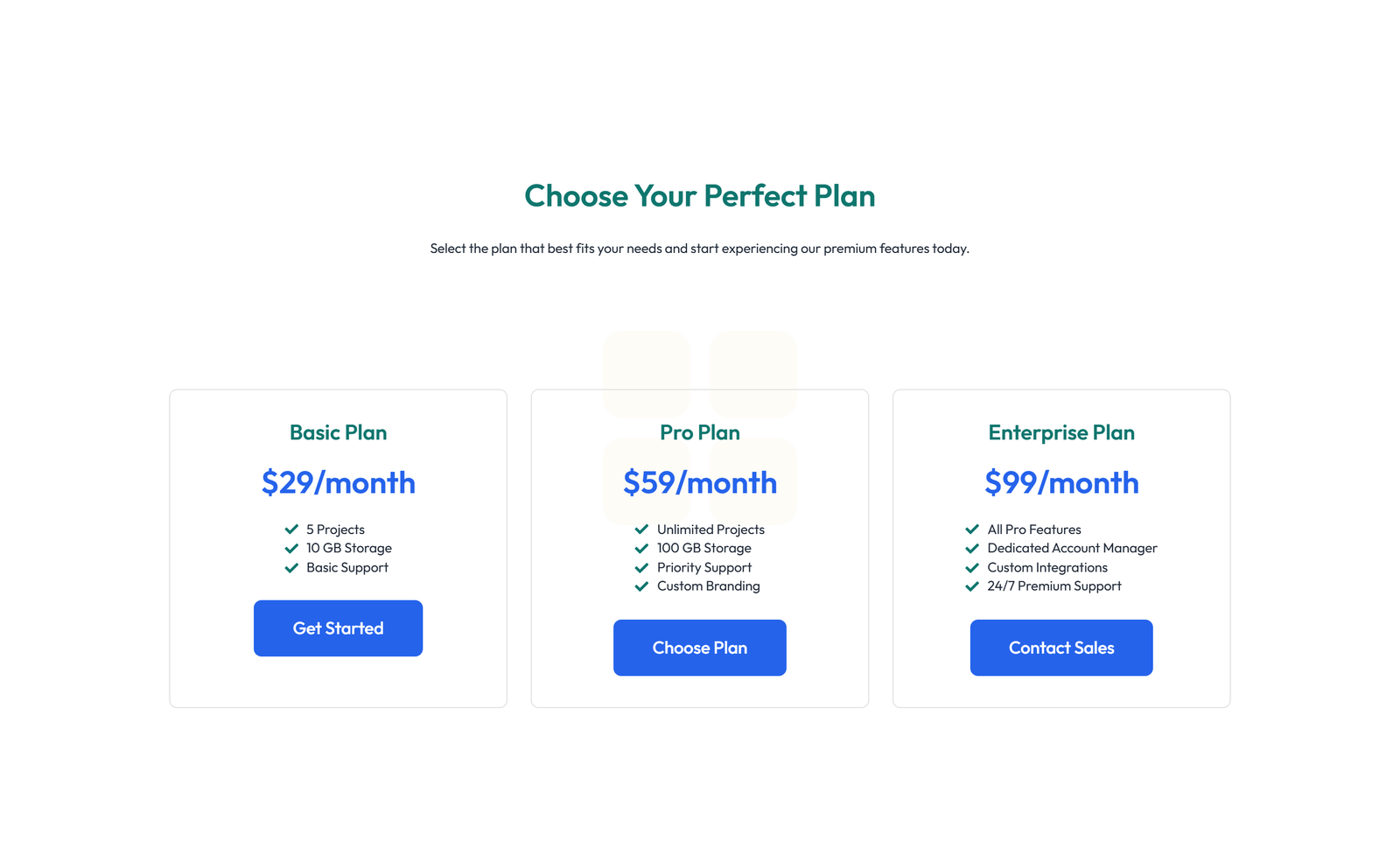 Pricing with 3-column Price Table Comparison 96 - Elementor component