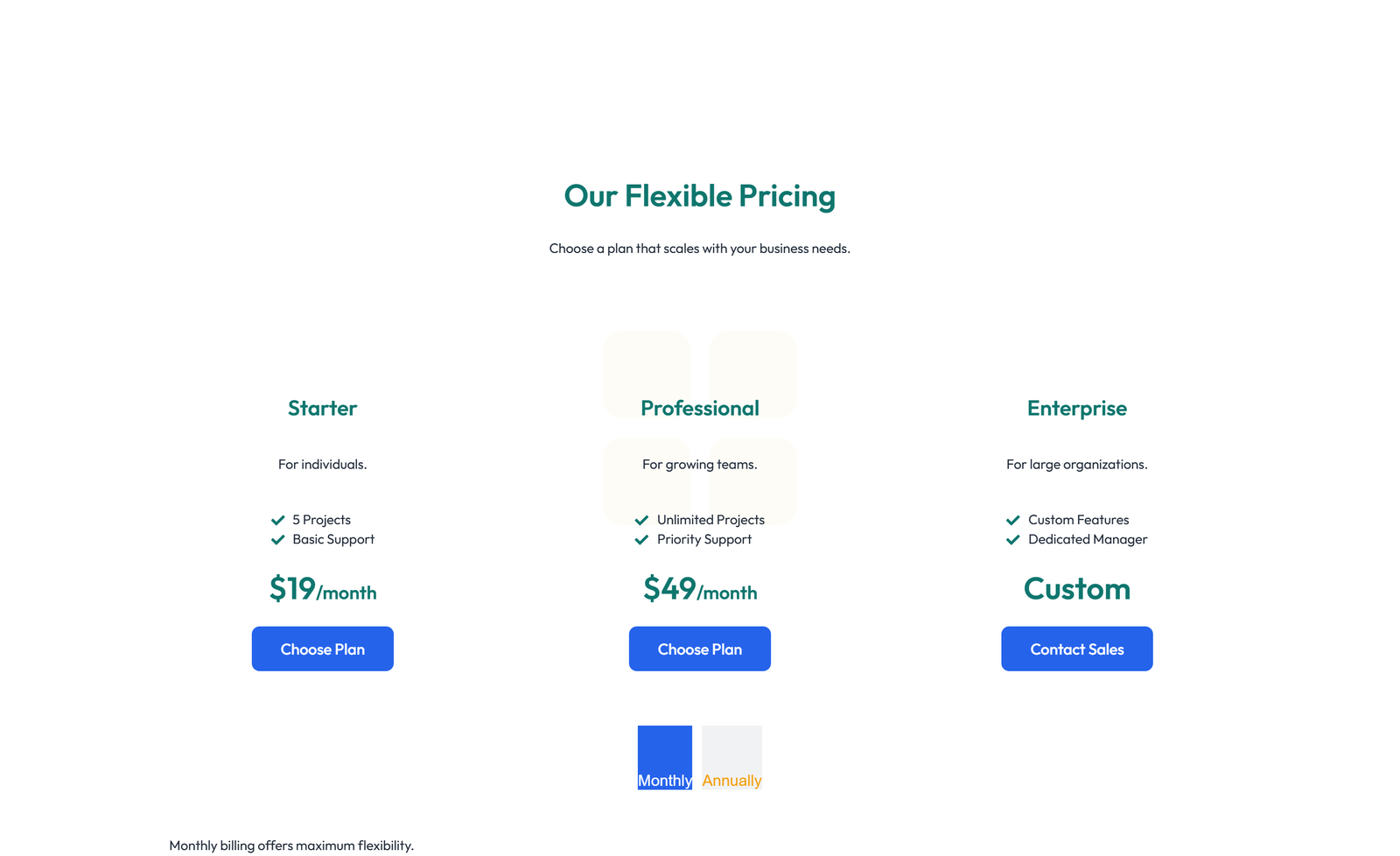 Screenshot of Pricing with 3-column Price Table with Ribbon 96 - Elementor Pricing Sections component