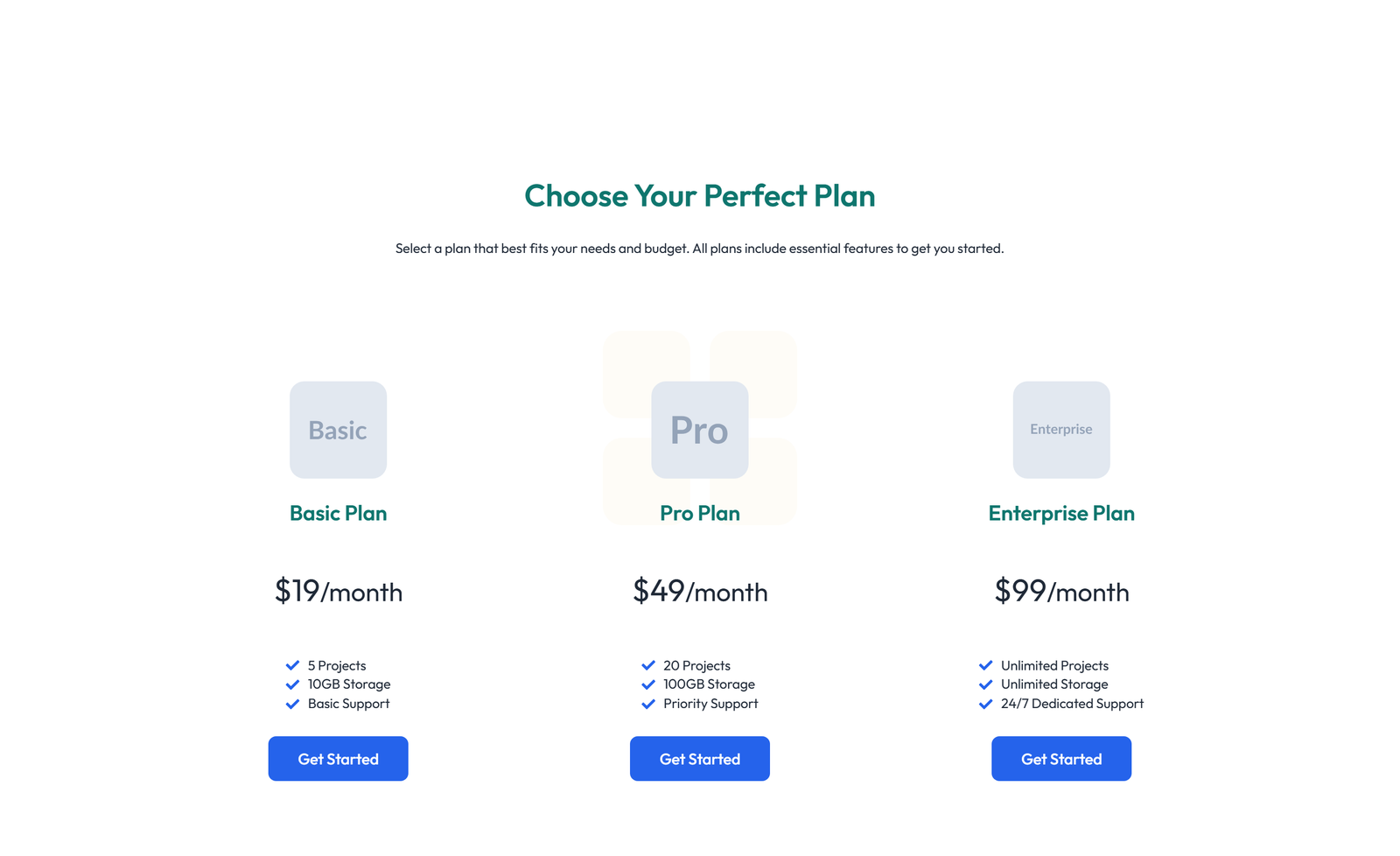 Pricing with 3-column Price Table Comparison 100 - Elementor component
