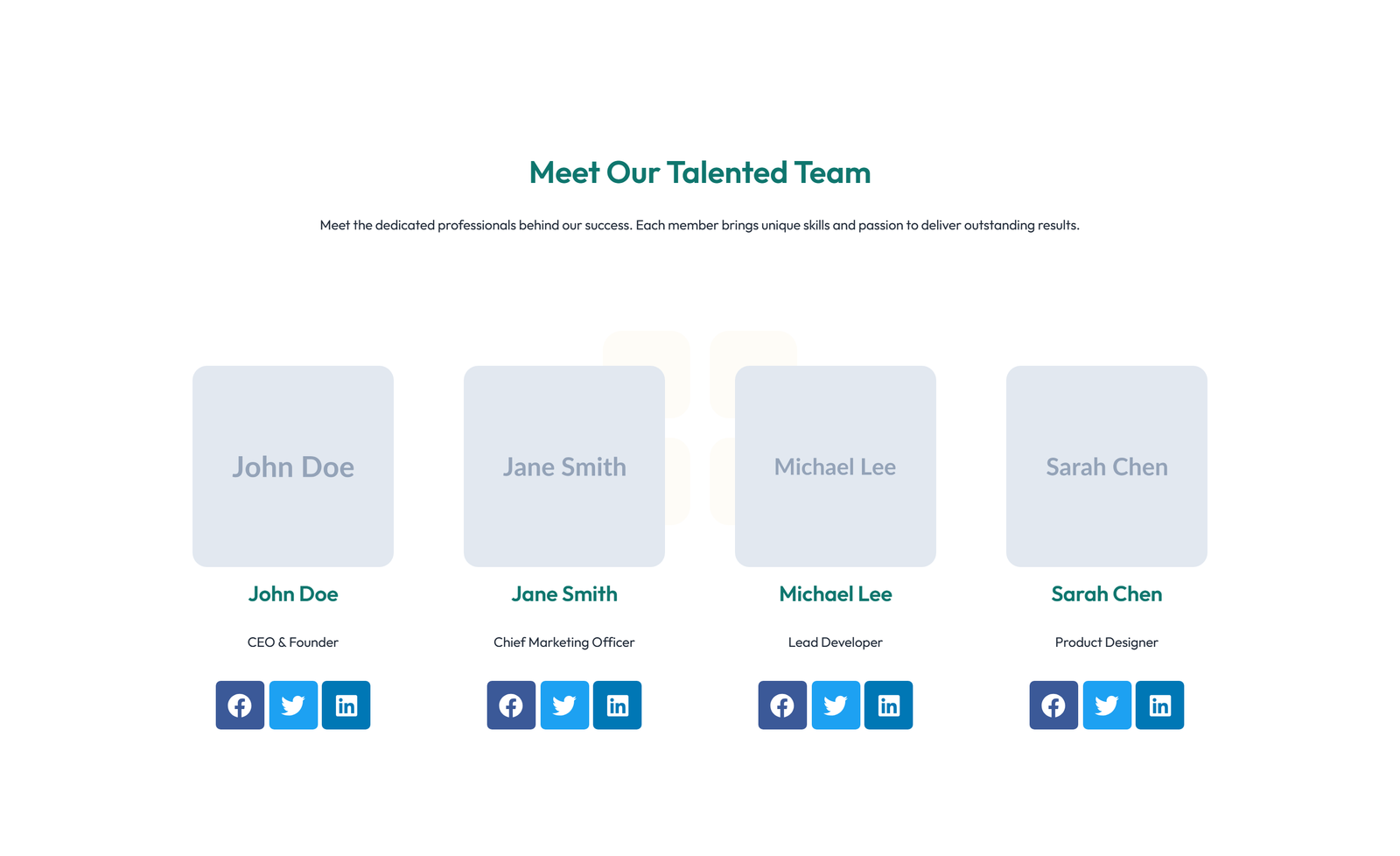 Team with 4-column Team Cards 4 - Elementor component