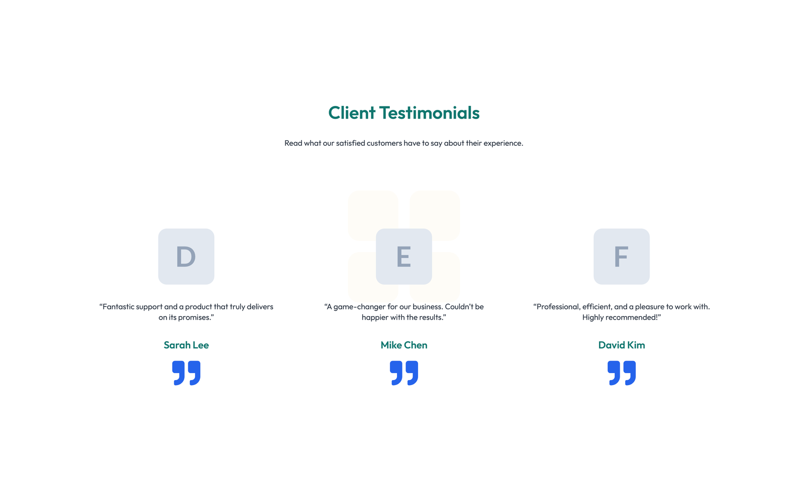 Screenshot of Testimonial with 3-column Rating, Quote Cards 34 - Elementor Testimonial Sections component